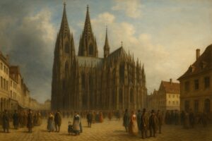 Kölner Dom im frühen 19. Jahrhundert während der Restauration im Deutschen Bund mit Bürgern auf dem Domplatz
