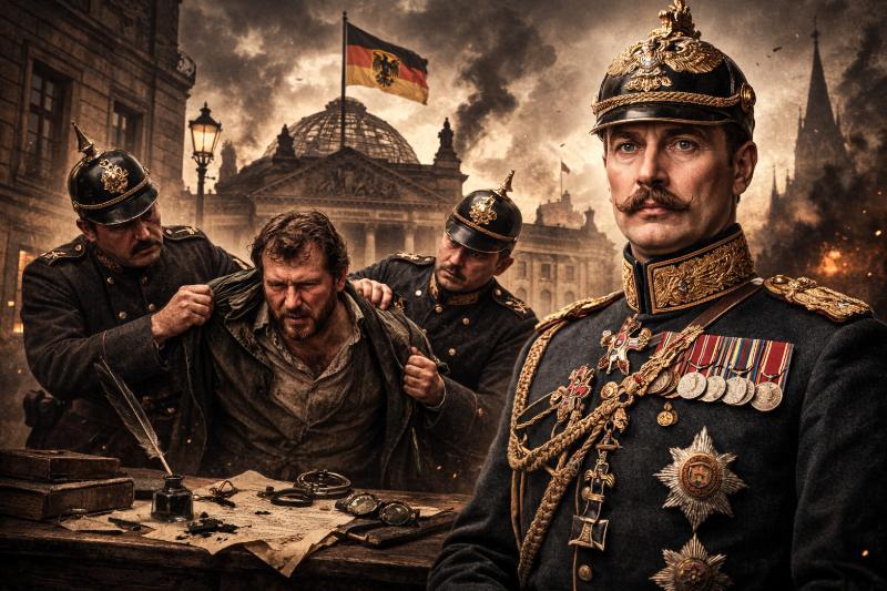 Verhaftung eines Mannes im Deutschen Kaiserreich unter Aufsicht eines hochdekorierten Offiziers vor dem Reichstagsgebäude in Berlin