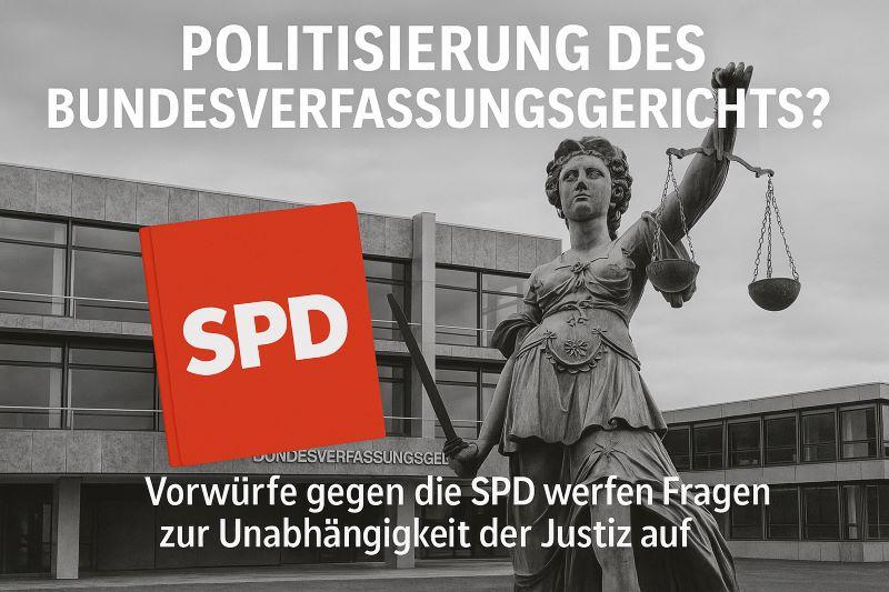 Gebäude des Bundesverfassungsgerichts in Karlsruhe mit Justitia-Statue und rotem SPD-Symbol – Darstellung der politischen Debatte um die Unabhängigkeit der deutschen Justiz.