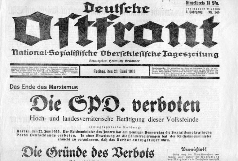 Regionale Tageszeitung der NSDAP für Oberschlesien "Deutsche Ostfront" zum Verbot der SPD