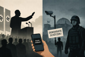 Illustration über 'Autoritarismus in Deutschland – damals und heute'. Links eine Szene aus der NS-Zeit mit Redner, Hakenkreuzfahnen und Menschenmenge. Rechts eine moderne Szene mit Überwachungskamera, Polizist, Reichstagsgebäude, Demonstrant mit Schild 'Demokratie schützen!' und einem Smartphone mit der Anzeige 'Inhalt entfernt'.