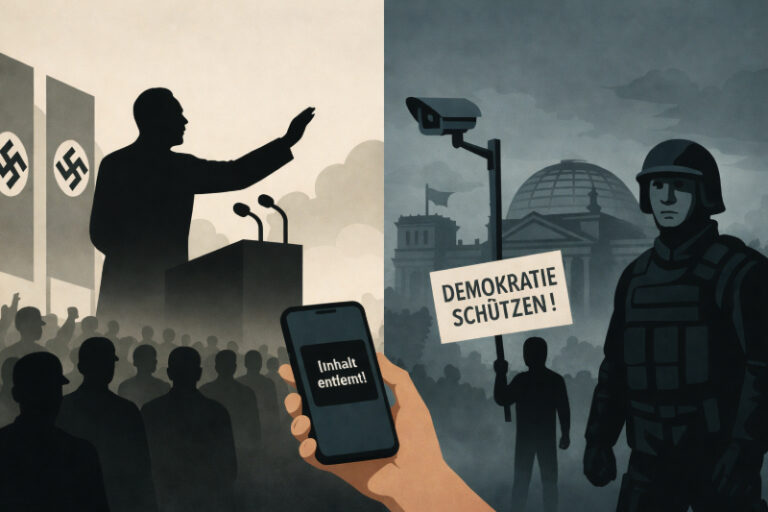 Illustration über 'Autoritarismus in Deutschland – damals und heute'. Links eine Szene aus der NS-Zeit mit Redner, Hakenkreuzfahnen und Menschenmenge. Rechts eine moderne Szene mit Überwachungskamera, Polizist, Reichstagsgebäude, Demonstrant mit Schild 'Demokratie schützen!' und einem Smartphone mit der Anzeige 'Inhalt entfernt'.