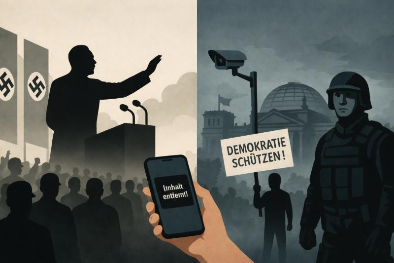 Illustration über 'Autoritarismus in Deutschland – damals und heute'. Links eine Szene aus der NS-Zeit mit Redner, Hakenkreuzfahnen und Menschenmenge. Rechts eine moderne Szene mit Überwachungskamera, Polizist, Reichstagsgebäude, Demonstrant mit Schild 'Demokratie schützen!' und einem Smartphone mit der Anzeige 'Inhalt entfernt'.