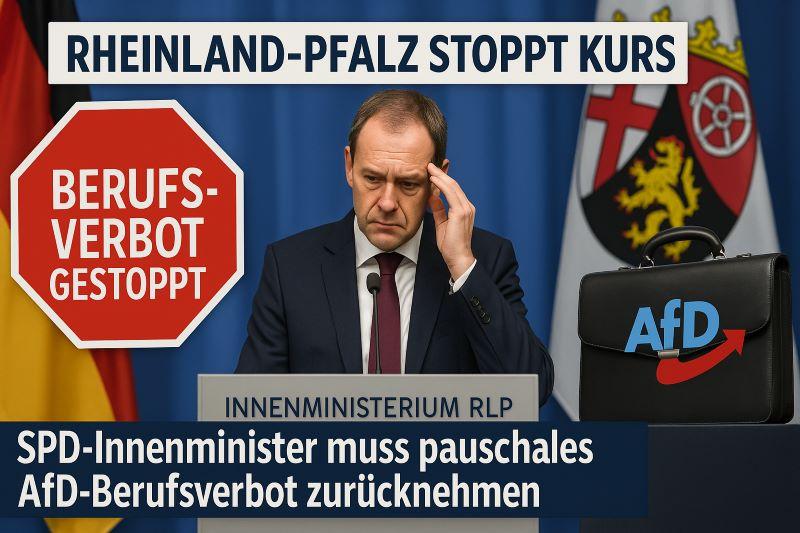 SPD-Innenminister von Rheinland-Pfalz zieht pauschales AfD-Berufsverbot zurück – Pressekonferenz mit Stopp-Schild „Berufsverbot gestoppt“ und Landesflagge im Hintergrund
