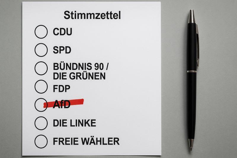 Fotorealistischer deutscher Stimmzettel mit CDU, SPD, Grünen, FDP, Linke und rot durchgestrichener AfD