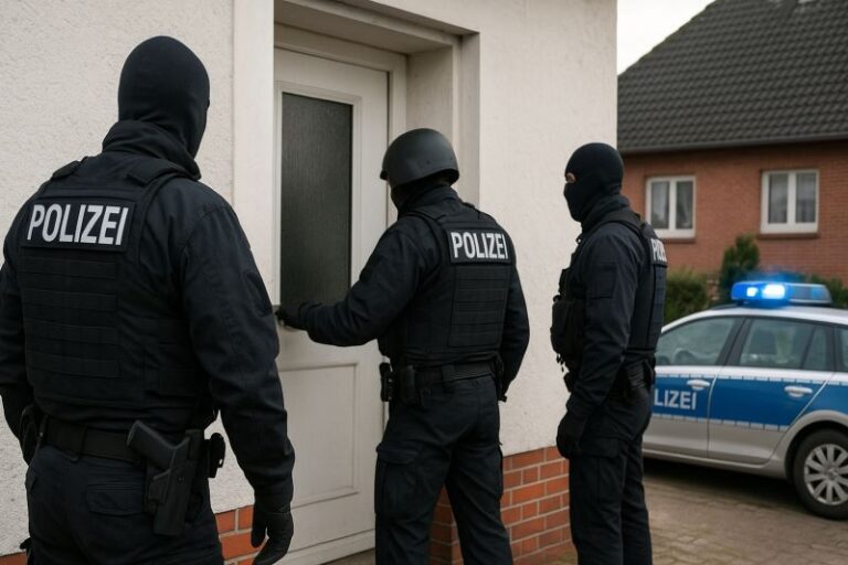Hausdurchsuchung bei Norbert Bolz durch die deutsche Polizei – Einsatz vor Wohngebäude