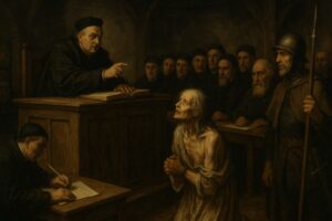 Symbolbild eines historischen Hexenprozesses im Heiligen Römischen Reich Deutscher Nation – Gerichtssaal, Kerzenlicht, Justiz und politische Verfolgung