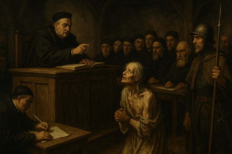 Symbolbild eines historischen Hexenprozesses im Heiligen Römischen Reich Deutscher Nation – Gerichtssaal, Kerzenlicht, Justiz und politische Verfolgung