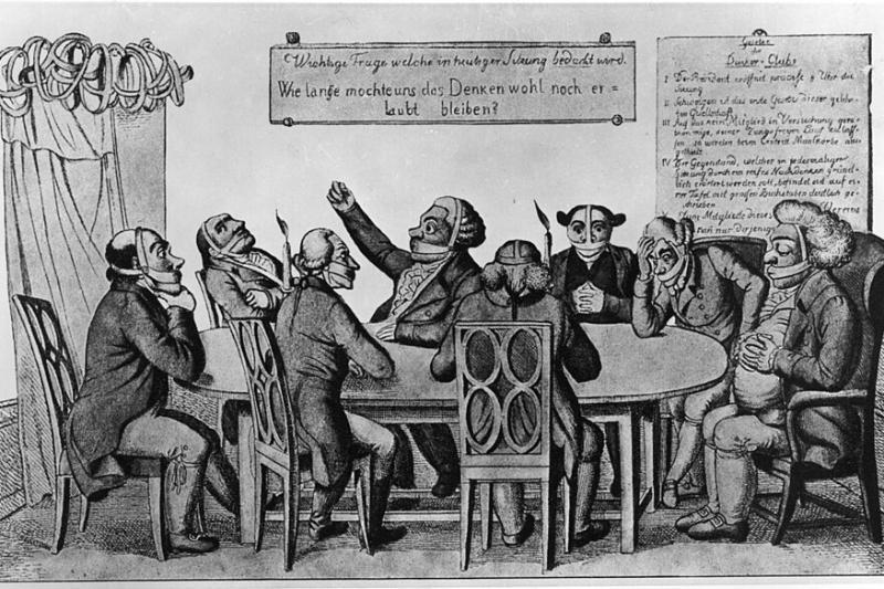 Anonyme Karikatur gegen die durch die Karlsbader Beschlüsse eingeführte Zensur. Auf dem Schild an der Wand steht: Wichtige Frage, welche heute bedacht wird: Wie lange möchte uns das Denken wohl noch erlaubt bleiben?