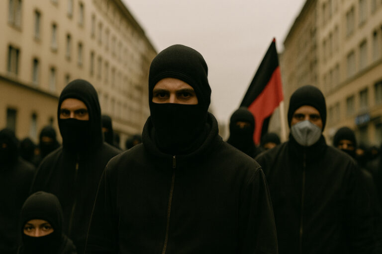 Vermummte Teilnehmer einer linksradikalen Demonstration in Gießen