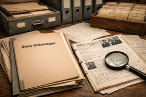 Archivaufnahme von DDR-Stasi-Unterlagen mit Akten, Karteikarten und Dokumenten zur Recherche politischer Verfolgung in der DDR