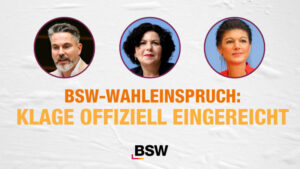 18. Februar 2026: BSW-Wahleinspruch - Klage offiziell eingereicht Das BSW hat die Klage vor dem Bundesverfassungsgericht in Karlsruhe offiziell eingereicht. Unsere Parteivorsitzenden Fabio De Masi und Amira Mohamed Ali sowie BSW-Gründerin Sahra Wagenknecht begründen die Forderung auf eine Neuauszählung der Bundestagswahl.