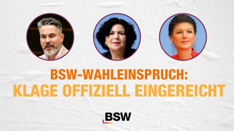 Политические репрессии в Германии 6 18. Februar 2026: BSW-Wahleinspruch - Klage offiziell eingereicht Das BSW hat die Klage vor dem Bundesverfassungsgericht in Karlsruhe offiziell eingereicht. Unsere Parteivorsitzenden Fabio De Masi und Amira Mohamed Ali sowie BSW-Gründerin Sahra Wagenknecht begründen die Forderung auf eine Neuauszählung der Bundestagswahl.