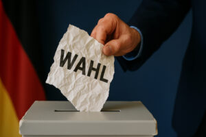 Zerknitterter und beschädigter Wahlzettel wird in eine Wahlurne eingeworfen – Symbol für Wahlprüfung, Neuauszählung und Systemfehler der Demokratie in Deutschland