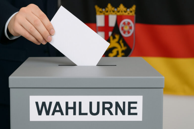 Wahlurne mit Stimmzettel vor der Flagge von Rheinland-Pfalz – Symbolbild für Wahlrecht und politischen Ausschluss