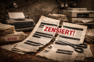 Symbolbild für Zensur in der DDR mit geschwärzten Zeitungsseiten, Schere und Stasi-Akten.