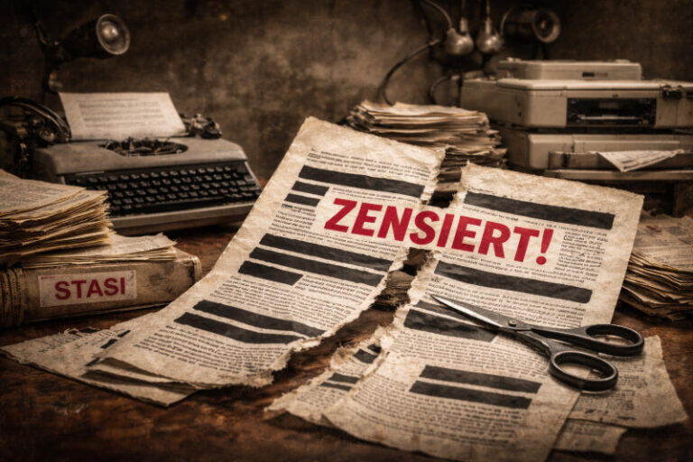 Politische Verfolgung in Deutschland 16 Symbolbild für DDR Zensur mit geschwärzten Zeitungsseiten, Schere und Stasi-Akten.