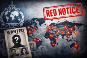 Interpol Red Notice – internationale Fahndung, Weltkarte mit roten Markierungen.