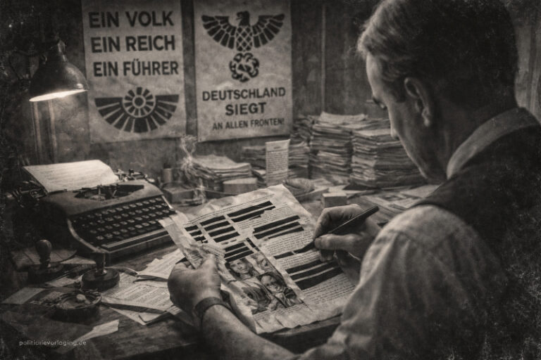 Politische Verfolgung in Deutschland 33 Redakteur zensiert ein Manuskript in einem Pressebüro der 1930er Jahre, mit Schreibmaschine und Propagandaplakaten im Hintergrund.