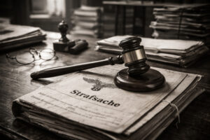 Richterhammer auf einer alten Strafakte in einem Büro der 1950er Jahre, umgeben von gestapelten Justizdokumenten – symbolisches Bild für die bundesdeutsche Justiz und die Aufarbeitung der NS-Vergangenheit.