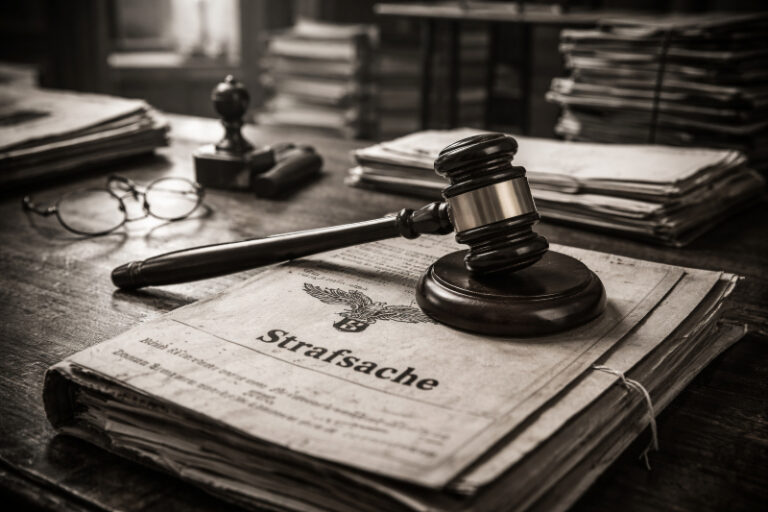 Politische Verfolgung in Deutschland 27 Richterhammer auf einer alten Strafakte in einem Büro der 1950er Jahre, umgeben von gestapelten Justizdokumenten – symbolisches Bild für die bundesdeutsche Justiz und die Aufarbeitung der NS-Vergangenheit.