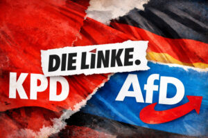 Digitale 16:9-Collage mit den Parteilogos von KPD (rot), Die Linke (weiß auf rotem Hintergrund) und AfD (weiß auf blauem Hintergrund) in einem zerrissenen Papierdesign vor einer stilisierten Deutschlandflagge
