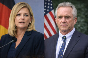 Porträt von Nina Warken vor deutscher Flagge neben Porträt von Robert F. Kennedy Jr. vor US-Flagge, beide mit ernstem Ausdruck in formeller Kleidung.