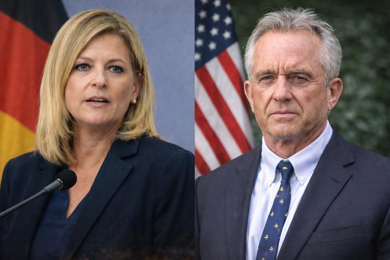 Portrait of Nina Warken in front of the German flag next to a portrait of Robert F. Kennedy Jr. in front of the US flag, both wearing formal attire and looking serious.