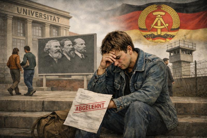 Junger Mann in der DDR sitzt niedergeschlagen vor einer Universität mit Ablehnungsbescheid, im Hintergrund Propaganda-Plakat und Wachturm als Symbol für Bildungsausschluss und staatliche Kontrolle.