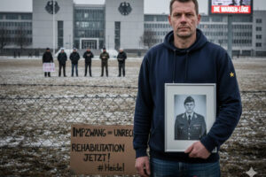 Ein entlassener Soldat steht vor dem Bundesverteidigungsministerium in Berlin und hält ein Porträtfoto von Dimitri Heidel in Uniform. Im Hintergrund eine Protestgruppe mit Schildern wie ‚Impzwang = Unrecht‘ und eine digitale Anzeigetafel mit der Aufschrift ‚Die Warken-Lüge‘. Im Vordergrund Stacheldraht als Symbol für staatliche Repression und die Corona-Impfpflicht in der Bundeswehr.