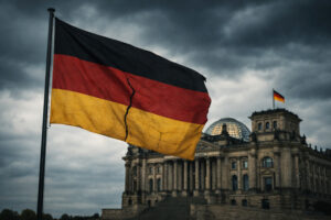 Zerrissene Deutschlandfahne weht vor dem Reichstag in Berlin unter dunklem, bewölktem Himmel.