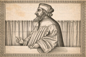 Holzschnittporträt von Jan Hus im Seitenprofil mit Bart, Kappe und weitem Gewand; er steht hinter einem Pult und zeigt mit der Hand nach vorn, umrahmt von einer dekorativen Bordüre und Vorhang im Hintergrund.