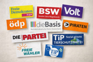 Collage mit Logos kleiner Parteien in Deutschland zur 5-Prozent-Hürde: FDP, BSW, Volt, Piraten, ÖDP, dieBasis, Freie Wähler, Die PARTEI und Tierschutzpartei.