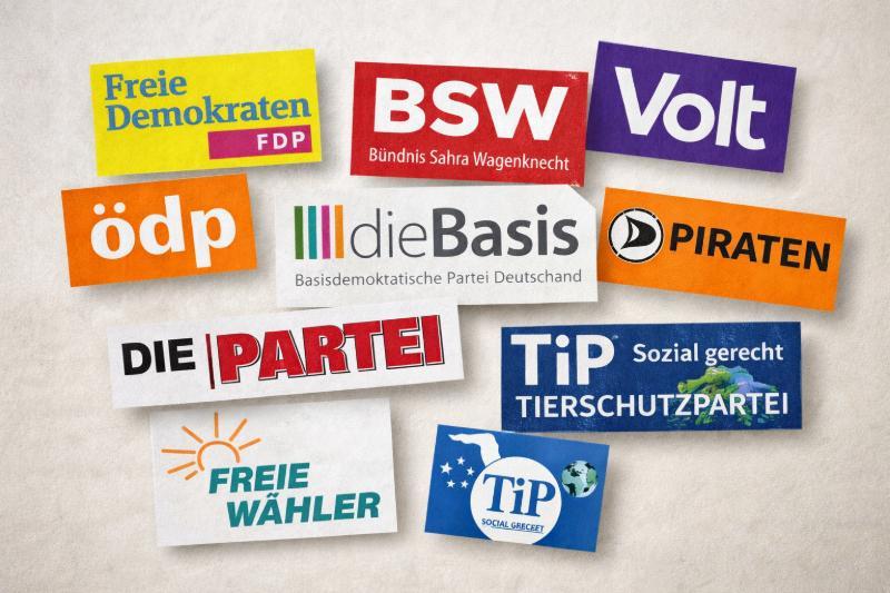 Collage mit Logos kleiner Parteien in Deutschland zur 5-Prozent-Hürde: FDP, BSW, Volt, Piraten, ÖDP, dieBasis, Freie Wähler, Die PARTEI und Tierschutzpartei.
