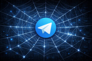 Telegram-Logo im Zentrum eines digitalen Spinnennetzes als Symbol für Vernetzung und mögliche Überwachung