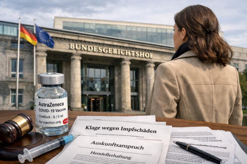 A woman outside the Federal Court of Justice in Karlsruhe holding an AstraZeneca vaccine vial and court documents – a symbolic image marking the Federal Court of Justice’s ruling on the right to information regarding COVID-19 vaccine-related injuries (9 March 2026).