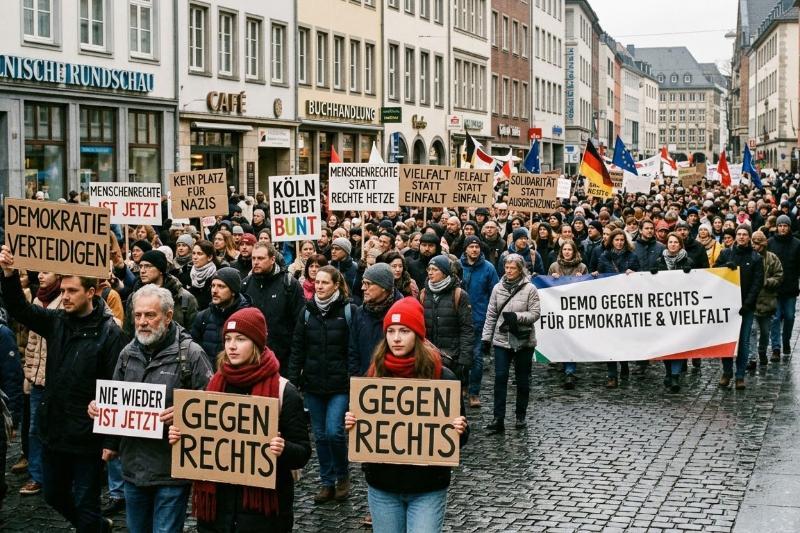 Eine dichte, friedliche Menschenmenge bei einer 'Demo gegen Rechts' in einer deutschen Innenstadt. Teilnehmer tragen Winterkleidung und halten handgeschriebene Pappschilder mit Aufschriften wie 'Gegen Rechts', 'Demokratie verteidigen' und 'Nie wieder ist jetzt'. Im Hintergrund sind typisch europäische Stadthäuser und ein bewölkter Himmel zu sehen. Authentische Fotojournalismus-Optik.