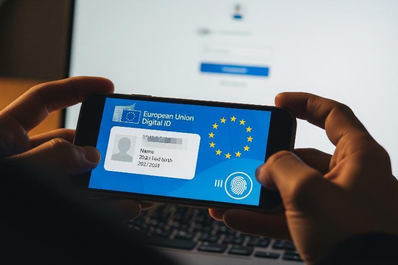 Nahaufnahme einer biometrischen Identitätsprüfung via Smartphone und EU-Digital-ID vor einem sozialen Netzwerk-Login. Symbolbild für den Identitätszwang und das Ende der Anonymität im Internet 2026.