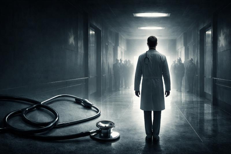 Arzt steht allein in einem düsteren, zentral ausgerichteten Krankenhausflur, während im Hintergrund schemenhafte Autoritätsfiguren erscheinen – Arzt steht allein in einem düsteren, zentral ausgerichteten Krankenhausflur, während im Hintergrund schemenhafte Autoritätsfiguren erscheinen – Symbolisches Bild für die Rolle der Medizin in autoritären Systemen