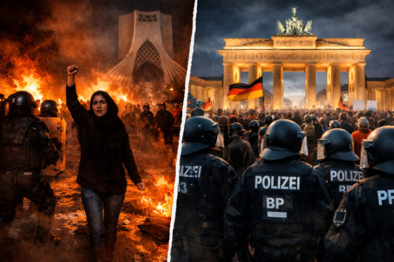 Gegenüberstellung von Protesten im Iran und Polizeipräsenz in Deutschland – Symbolbild politischer Repression