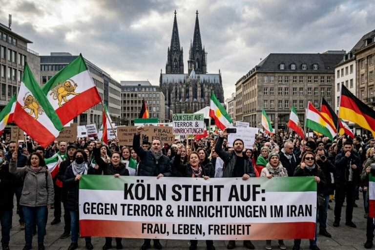 Weitwinkelaufnahme einer Demonstration iranischer Dissidenten auf dem Kölner Heumarkt im Jahr 2026. Im Hintergrund ragen die Türme des Kölner Doms unter einem bedeckten Himmel auf. Eine dichte Menschenmenge hält Flaggen des Iran (mit Löwe und Sonne), kurdische Flaggen und deutsche Flaggen. Im Vordergrund halten Demonstranten ein großes weißes Transparent. Die Szene dokumentiert den zivilen Widerstand gegen die Repression des iranischen Regimes in der rheinischen Metropole.