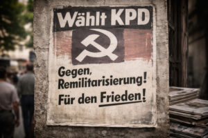 Historisches KPD-Wahlplakat der 1950er Jahre mit der Aufschrift ‚Wählt KPD – Gegen Remilitarisierung! Für den Frieden!‘ an einer Hauswand in Westdeutschland.