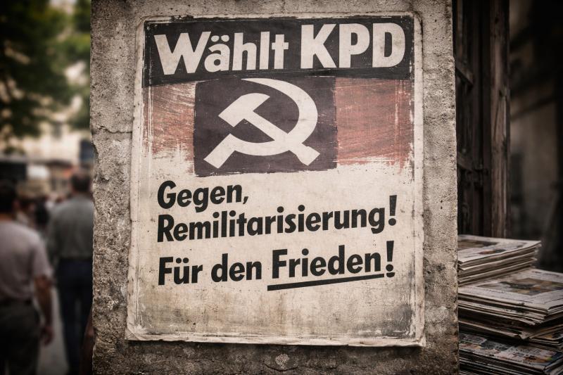 Historisches KPD-Wahlplakat der 1950er Jahre mit der Aufschrift ‚Wählt KPD – Gegen Remilitarisierung! Für den Frieden!‘ an einer Hauswand in Westdeutschland.