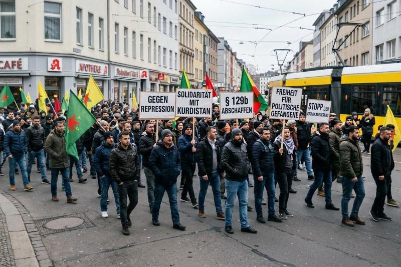Realistische Darstellung einer kurdischen Demonstration in einer deutschen Stadt. Teilnehmer marschieren auf einer Straße neben einer gelben Straßenbahn und halten Schilder mit Aufschriften wie 'GEGEN REPRESSION', '§ 129b ABSCHAFFEN' und 'FREIHEIT FÜR POLITISCHE GEFANGENE'. Im Hintergrund wehen gelbe und grüne Flaggen mit roten Sternen. Authentischer Dokumentarstil.