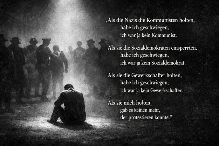 Schwarz-Weiß-Bild: Eine einsame Gestalt sitzt in einem Lichtkreis; im Hintergrund werden Menschen von uniformierten Personen abgeführt; daneben das Zitat von Niemöller über Schweigen und Verfolgung unter dem Nationalsozialismus.