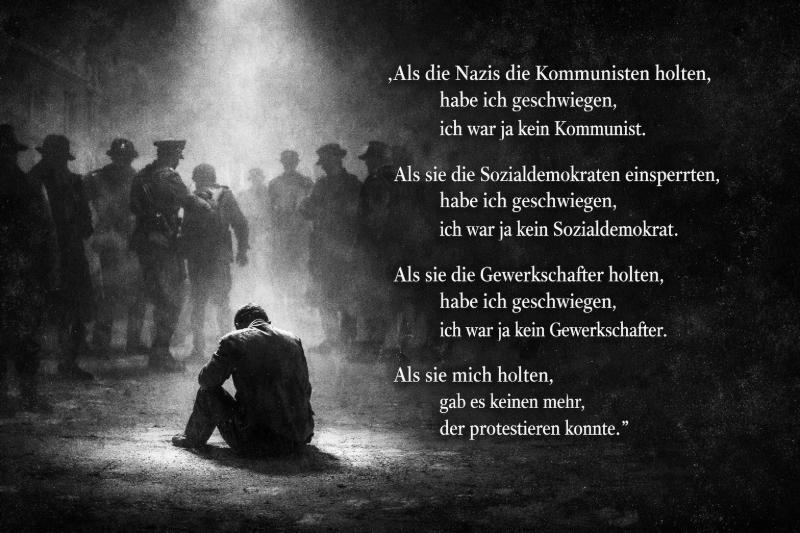 Schwarz-Weiß-Bild: Eine einsame Gestalt sitzt in einem Lichtkreis; im Hintergrund werden Menschen von uniformierten Personen abgeführt; daneben das Zitat von Niemöller über Schweigen und Verfolgung unter dem Nationalsozialismus.