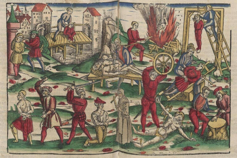 Zeitgenössische Bilder wie dieses hängen in der Ausstellung „Hexentod“ im Archäologiepark Trier. Diese Darstellung stammt aus dem Rechtsbuch „Der Laienspiegel“ von Ulrich Tengler aus dem Jahr 1509 und zeigt die Hexenfolter.