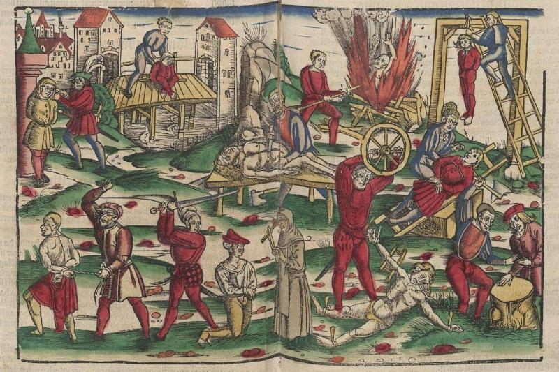 Zeitgenössische Bilder wie dieses hängen in der Ausstellung „Hexentod“ im Archäologiepark Trier. Diese Darstellung stammt aus dem Rechtsbuch „Der Laienspiegel“ von Ulrich Tengler aus dem Jahr 1509 und zeigt die Hexenfolter.