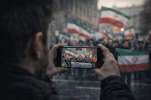 Iranische Oppositionelle demonstrieren in Berlin, während eine Person die Teilnehmer mit einem Smartphone aus der Distanz filmt – Symbolbild für Überwachung im Exil