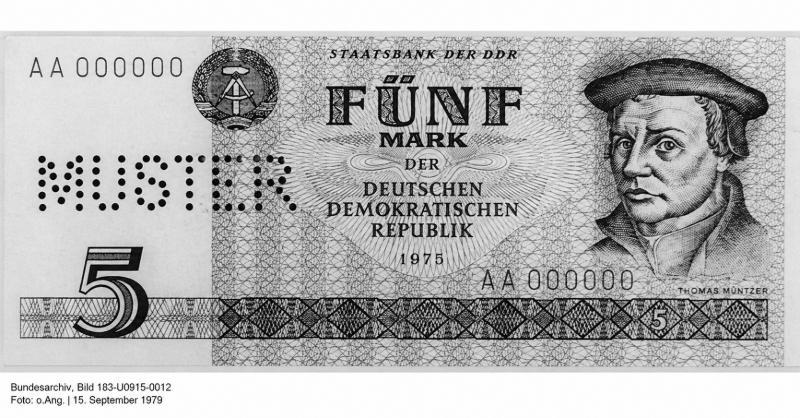 5-Mark-Schein der DDR mit dem Bildnis Thomas Müntzers